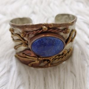 Tin & Brass Cuff Bracelet Blue Stone Leaf Design